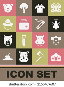 Set Tourist tent, Monkey, Mosquito, Shirt, First aid kit, Camping hat, Tiger head and Swiss army knife icon. Vector