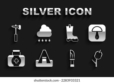 Set Tourist tent, Mushroom, Marshmallow on stick, Knife, First aid kit, Waterproof rubber boot, Hammer and Cloud with rain icon. Vector