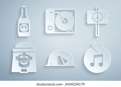 Set Tourist tent, Peace, Hippie girl, Vinyl disk, player and Beer bottle icon. Vector