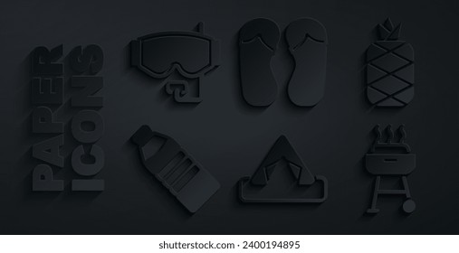 Set Tourist tent, Pineapple, Bottle of water, Barbecue grill, Flip flops and Diving mask icon. Vector