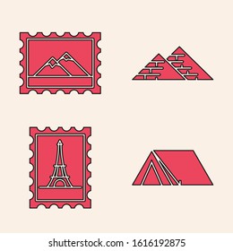 Set Tourist tent, Postal stamp and Mountains, Egypt pyramids and Postal stamp and Eiffel tower icon. Vector