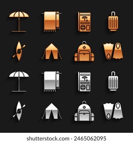 Set Tourist tent, Suitcase, Rubber flippers, Hiking backpack, Kayak or canoe and paddle, Travel brochure, Sun protective umbrella for beach and Towel on hanger icon. Vector