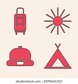 Set Tourist tent, Suitcase, Sun and Beanie hat icon. Vector