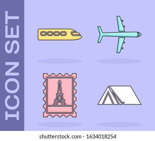 Set Tourist tent, Train, Postal stamp and Eiffel tower and Plane icon. Vector