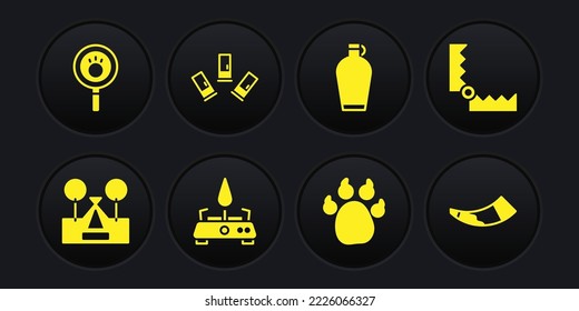 Set Tourist tent, Trap hunting, Camping gas stove, Paw print, Canteen water bottle, Cartridges, Hunting horn and search icon. Vector