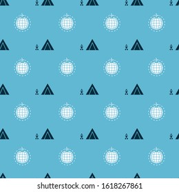 Set Tourist tent with wood fire and Globe with flying plane on seamless pattern. Vector