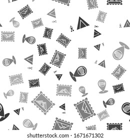 Set Tourist tent with wood fire, Postal stamp and Mountains, Map pointer with Coliseum in Rome, Italy and Postal stamp and Egypt pyramids on seamless pattern. Vector