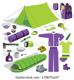 set of tourist, things for a hike, tent, sleeping bag