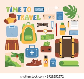 Set Of Tourist Things, Travel Items, Men's Set, Vector Objects Suitcase, Backpack, First Aid Kit, Money In Wallet, Passport, Plane Ticket.