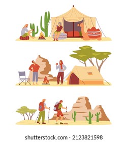 Set of tourist traveling in desert, flat vector illustration isolated on white background. Desert camp and tourist route scenes collection with cartoon characters.