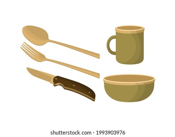 A set of tourist utensils, fork, spoon, knife, cup and bowl in beige, brown and green. Vector illustration in a flat style, isolated on a white background.