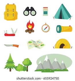 Set of tourist/hunter gear icons and symbols - camping items, knife, backpack, matches, binoculars, map, compass, flashlight, mountains, woods. Flat style vector design elements.Vector illustration.