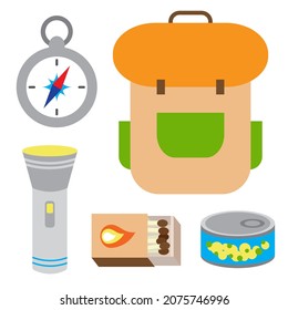 Set of touristic and camping equipment. Compass, backpack, flashlight, matches box and canned food. Things for active vacations. Luggage icons for travel, journey and hike. 