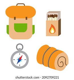 Set of touristic and camping equipment. Compass, backpack, matches box and sleeping bag. Things for active vacations. Luggage icons for travel, journey and hiking