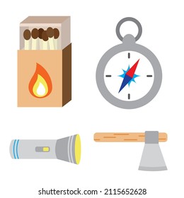 Ensemble d'équipements touristiques et de camping. Compas, lampe de poche, boîte et hache. Les choses pour les vacances actives. Icônes bagages pour les voyages, les voyages et les randonnées. 