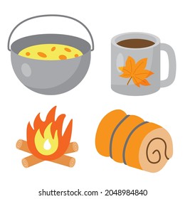 Set of touristic and camping equipment. Food pot, metallic cup or mug with tea, bonfire and sleeping bag. Things for active vacations. Luggage icons for travel, journey and hike. 