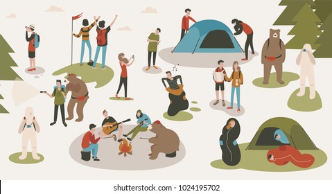 Conjunto de turistas ou mochileiros lançando tenda, caminhadas, sentado em torno de fogueira, cantando canções e tocando guitarras no acampamento ou acampamento florestal. Viagem de mochila ou expedição. Ilustração vetorial dos desenhos animados.