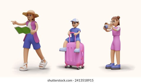 Set of tourists in cartoon style. Woman with map, boy with suitcase, girl with camera. 3D characters in action. Templates for skits, advertising illustrations