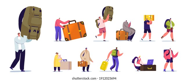 Set Tourists Characters with Luggage. People Go on Summer Time Vacation with Bags, Travel on Resort with Suitcase. Men and Women with Baggage Isolated on White Background. Cartoon Vector Illustration