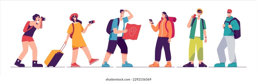 Set of tourists characters, traveling people. Vector illustration on the subject of summer vacation, adventures, hiking, exploring, journey, recreation.