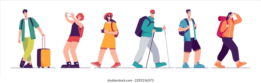 Set of tourists characters, traveling people. Vector illustration on the subject of summer vacation, adventures, hiking, exploring, journey, recreation.