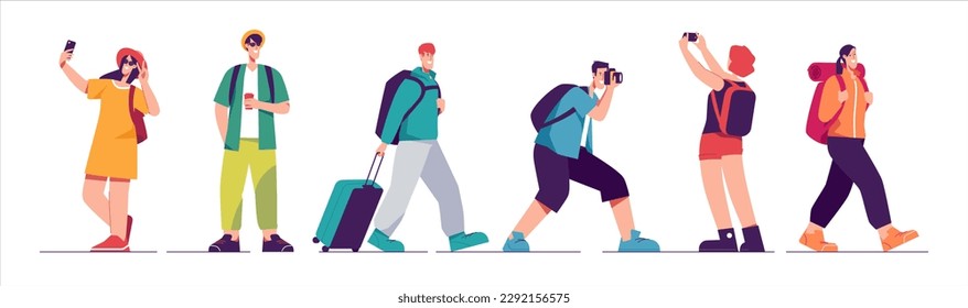 Personajes de turistas, gente viajante. Ilustración vectorial sobre el tema de vacaciones de verano, aventuras, caminatas, exploraciones, viajes, recreación.