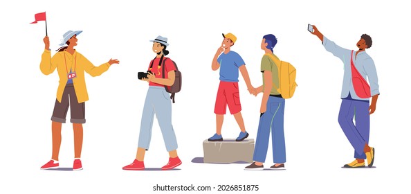 Set Tourists Group Excursion. Young People with Backpacks and Photo Cameras Traveling. Male and Female Characters with Guide Travel Abroad Isolated on White Background. Cartoon Vector Illustration