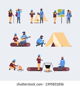 set tourists hikers with backpacks african american man woman hiking concept different couples during camping trip collection travelers on hike full length flat