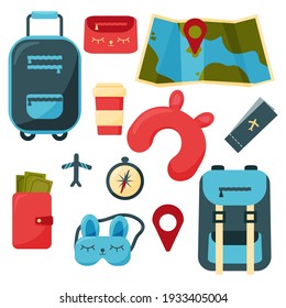 Set of tourists items. A collection of objects and accessories for outdoor recreation and journey.  Vector flat illustration isolated on white background, eps 10.