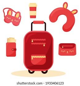 Set of tourists items. A collection of objects and accessories for travelling.  Vector flat illustration isolated on white background, eps 10.

