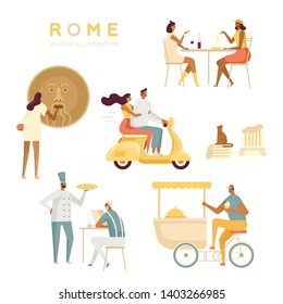 Set of tourists and locals in Rome. Roman holiday. Italians relax, have fun. A couple on a scooter, ice cream seller, Italian restaurant, Mouth of Truth. White background, isolated, flat style