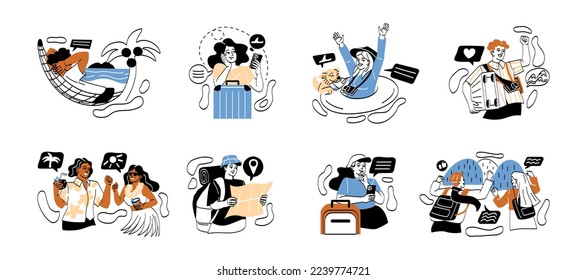 Set of Tourists on vacation. Men and women travel to sea with suitcases, go hiking in mountains or relaxation on beach. Seasonal trip. Cartoon flat vector collection isolated on white background