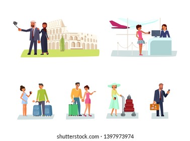 Set of tourists with suitcases and cameras. People traveling and take Photo Europe Sight. Family on vacation. Flat Art Vector illustration