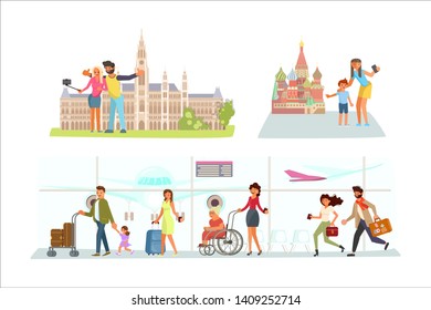 Set of tourists with suitcases and cameras. People traveling and take Photo Europe Sight. Family on vacation. Flat Art Vector illustration