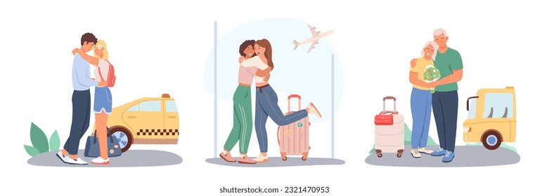 Set of tourists waiting for taxi outside. Happy couple hugging near car. Female friends meet in airport after long trip. Adult man meet female near bus station. Vector flat illustration