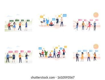 Set of tourists waving hands and practicing foreign languages. Flat vector illustrations of cartoon characters speaking various languages. Travel concept for banner, website design or landing web page