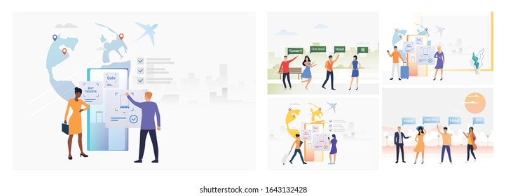 Set of tourists waving hands and practicing foreign languages. Flat vector illustrations of cartoon characters speaking various languages. Travel concept for banner, website design or landing web page