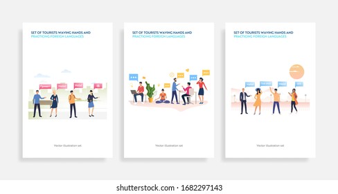 Set of tourists waving hands and practicing foreign languages. Flat vector illustrations of cartoon characters speaking various languages. Travel concept for banner, website design or landing web page