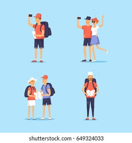 Set of tourists. World Travel. Character design. Planning summer vacations. Flat design vector illustration.