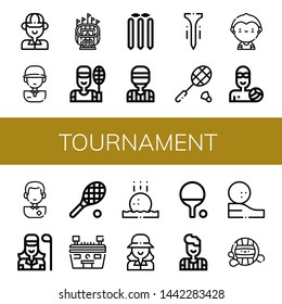 Set of tournament icons such as Golfer, Golf player, Stadium, Badminton, Cricket stump, Referee, Tee, Soccer player, Waterpolo, Tennis, Golf ball, Ping pong , tournament