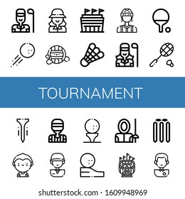 Set of tournament icons. Such as Golfer, Golf ball, Waterpolo, Stadium, Shuttlecock, Referee, Ping pong, Badminton, Tee, Soccer player, Golf player, Fencer , tournament icons