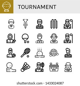 Set of tournament icons such as Soccer player, Golf player, Tee, Referee, Cricket stump, Golfer, Fencer, Ping pong, Waterpolo, Tennis, Golf ball, Shuttlecock, Badminton , tournament