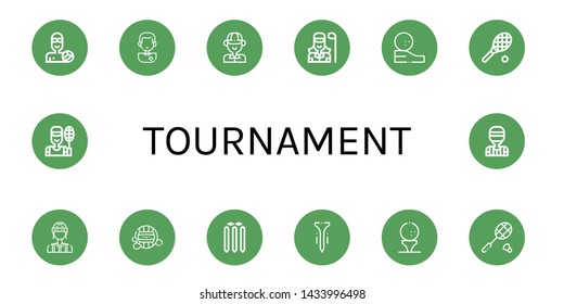 Set of tournament icons such as Waterpolo, Soccer player, Golfer, Golf ball, Tennis, Referee, Cricket stump, Tee, Badminton , tournament