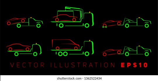 Set Tow Truck Simple Side View Schematic Image On Black Background	