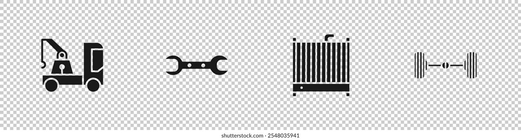 Camión de remolque, llave inglesa, sistema de enfriamiento del radiador del coche e icono del coche del chasis. Vector