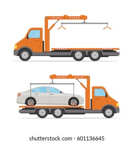 Conjunto de camiones de remolque aislados sobre fondo blanco. Camión de remolque vacío y cargado. Concepto de diseño de asistencia en carretera en un estilo plano. Ilustración vectorial.