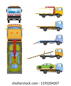Set of tow trucks with sliding platform, hydraulic manipulator, crane. Technic for transportation of cars to service, parking, in case accident, breakage, road traffic accident. Vector illustration.