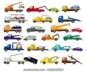 Set of tow trucks towing cars. Road assistance service vehicles cartoon vector