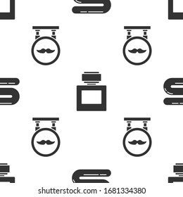 Set Towel, Aftershave and Barbershop on seamless pattern. Vector