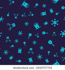 Set Towel on hanger, Bacteria, Bucket with foam and bubbles and Toilet brush on seamless pattern. Vector
